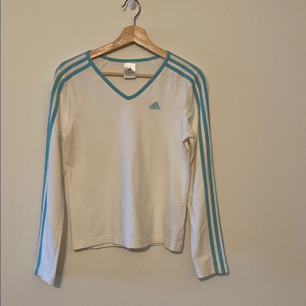 Adidas White and Turquoise V-Neck Long Sleeve Shirt, size small